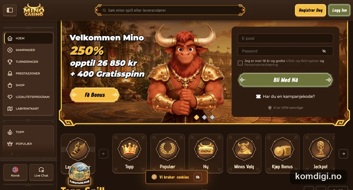 Skjermbilde av forsiden til Mino Casino med velkomsttilbudet