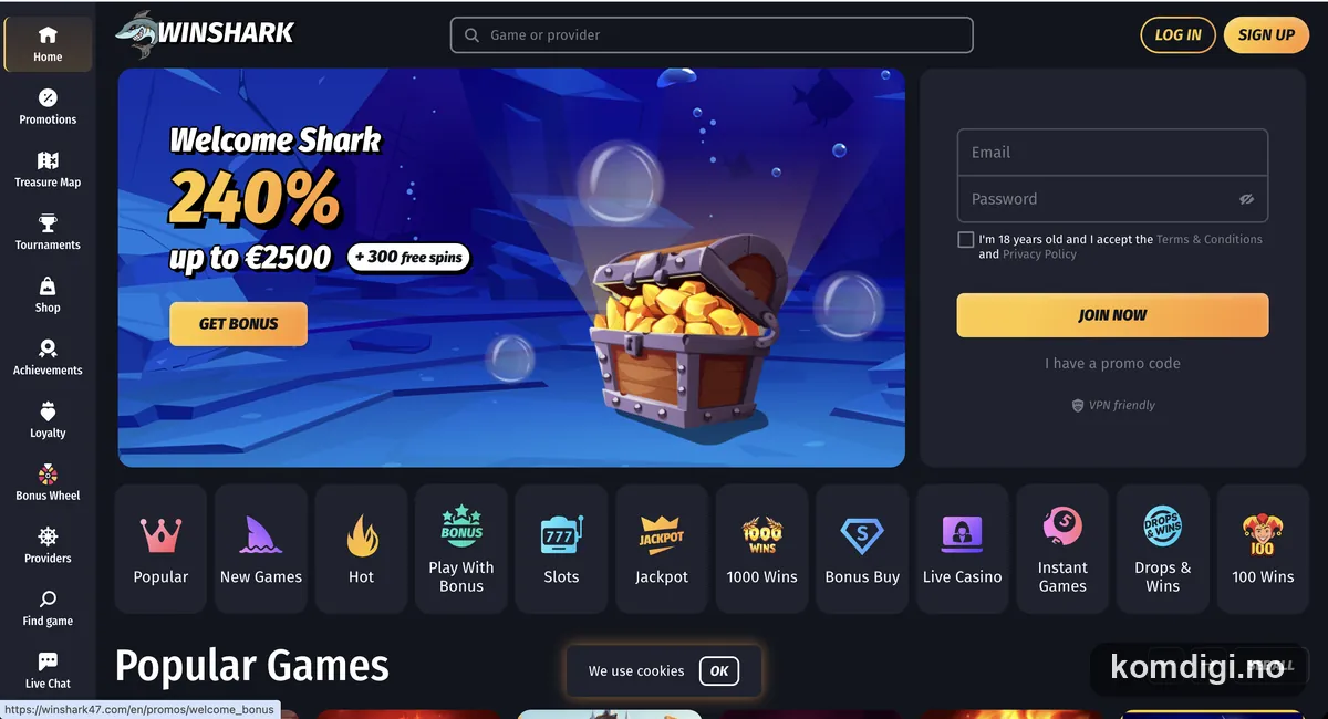 Skjermbilde av forsiden til Winshark Casino med velkomsttilbudet