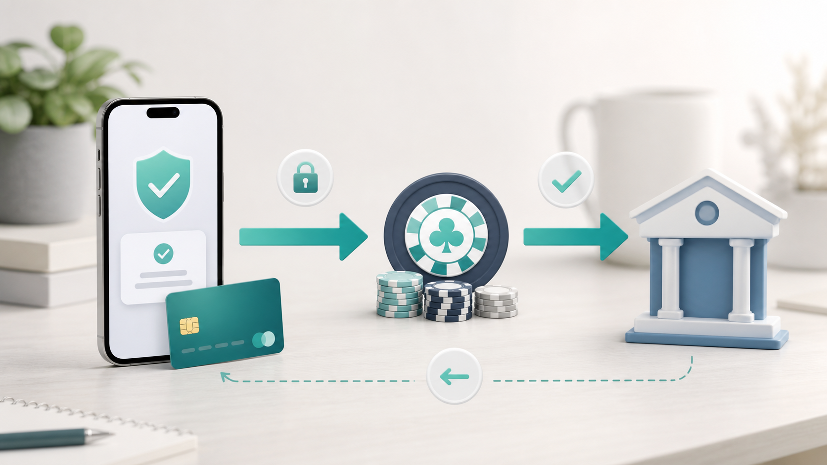 Illustrasjon av innskudd og uttak mellom betalingsapp, casino og bankkonto